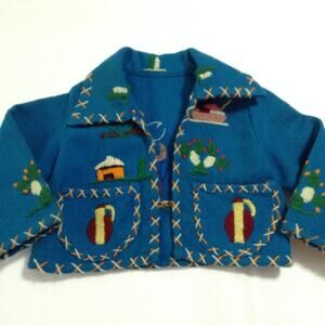 Vtg 40s 50s Mexican Tourist Souvenir Jacket Child Blue Wool Embroidery Folk Art
